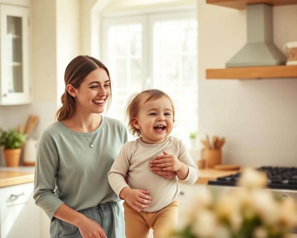 A parent and toddler laughing together in a sunlit kitchen